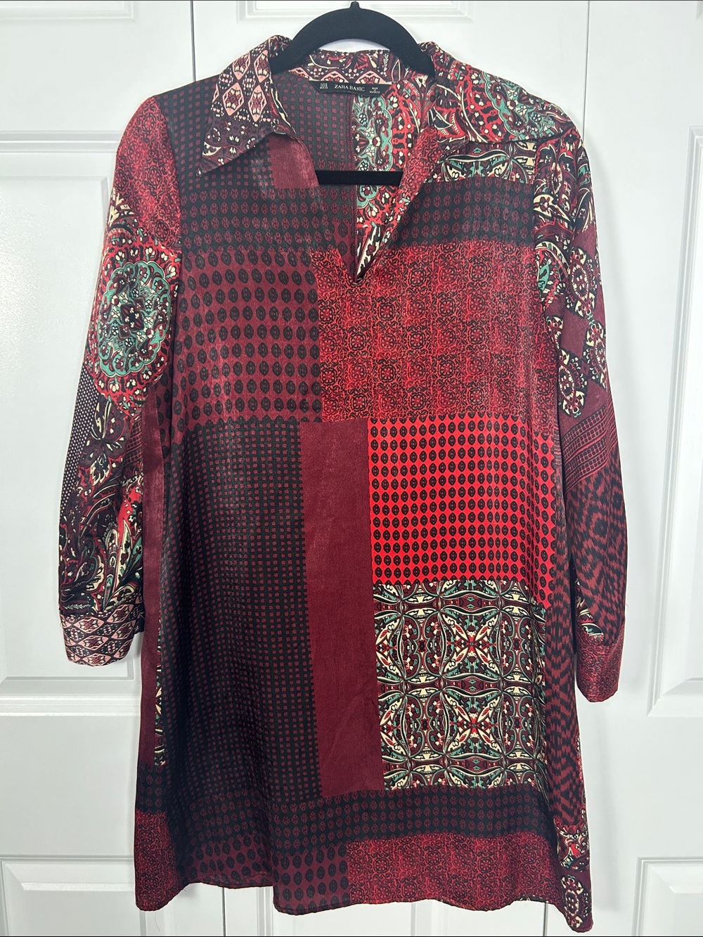 Zara Satin Boho Patchwork-Print Shirt Dress in Red Size Medium